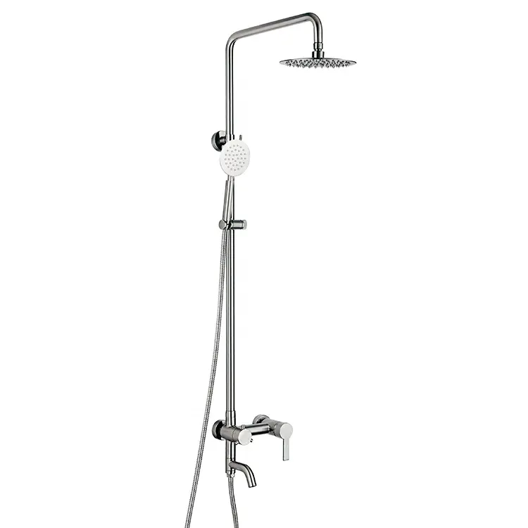SUS304 Wall Mounted Round Bathroom Shower Faucet Mixer Systems Exposed Rain Shower Set with Handshower and Adjustable Slide Bar