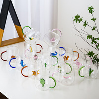 Vente en gros de tasses à eau en verre borosilicate mignonnes à motifs de dessins animés, 430 ml, résistantes à la chaleur, avec poignée