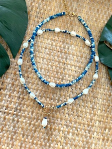 Collier personnalisé vintage géométrique plaqué or 18 carats avec perles d'imitation et pierre précieuse bleue, fait main, unisexe, bijou d'été, cadeau - Product Image 1