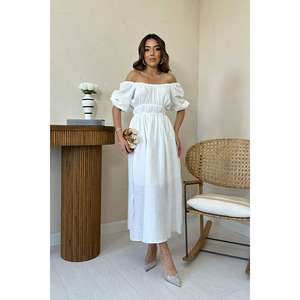 Vestido blanco de lino con hombros descubiertos, cintura elástica, ajuste holgado, transpirable, informal, para uso diario, tela tejida, estilo sencillo - Product Image 6