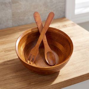 Juego de Cubiertos y Tazones de Servir Ecológicos de Diseño Vintage de Acacia Real, Tazón para Mezclar Ensaladas Reutilizable, para Uso Doméstico y en Restaurantes - Product Image 1