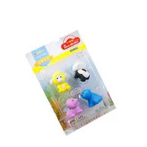Soododo 4pcs吸塑卡文具套装漂亮可爱3D动物趣味儿童橡皮擦