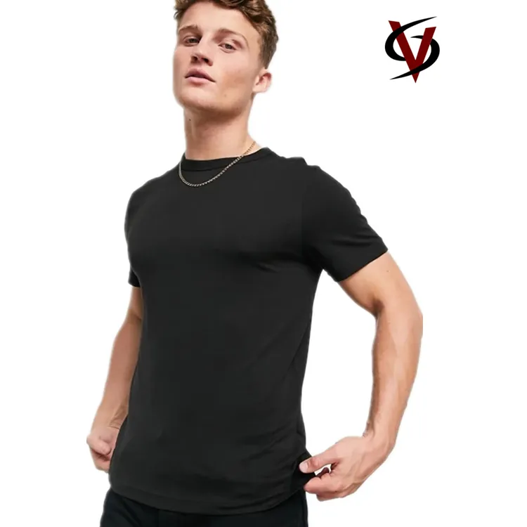 เสื้อยืดคอกลมเข้ารูปธรรมดากีฬา95% Cotton 5% Spandex แขนสั้นเสื้อยืดผู้ชายสีดำ