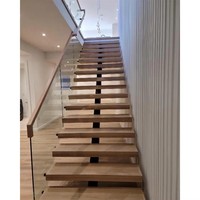 Escalier droit intérieur en bois à une seule colonne avec garde-corps en verre et main courante en acier inoxydable 304