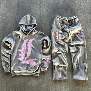 Custom Distressed Applique Patch Embroidered Jogger Tracksuits Acid Wash Pullover Faded Flared Sweatsuit Hoodie