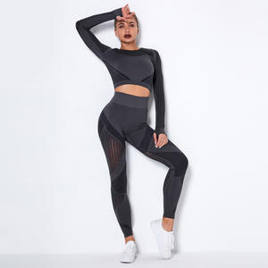 Nahtloses Netz Schnellt rocknende Sport Fitness Yoga Wear Gym Outfit Active Wear Mesh Crop Top Langarm Yoga Hose Leggings Set - Product Image 4