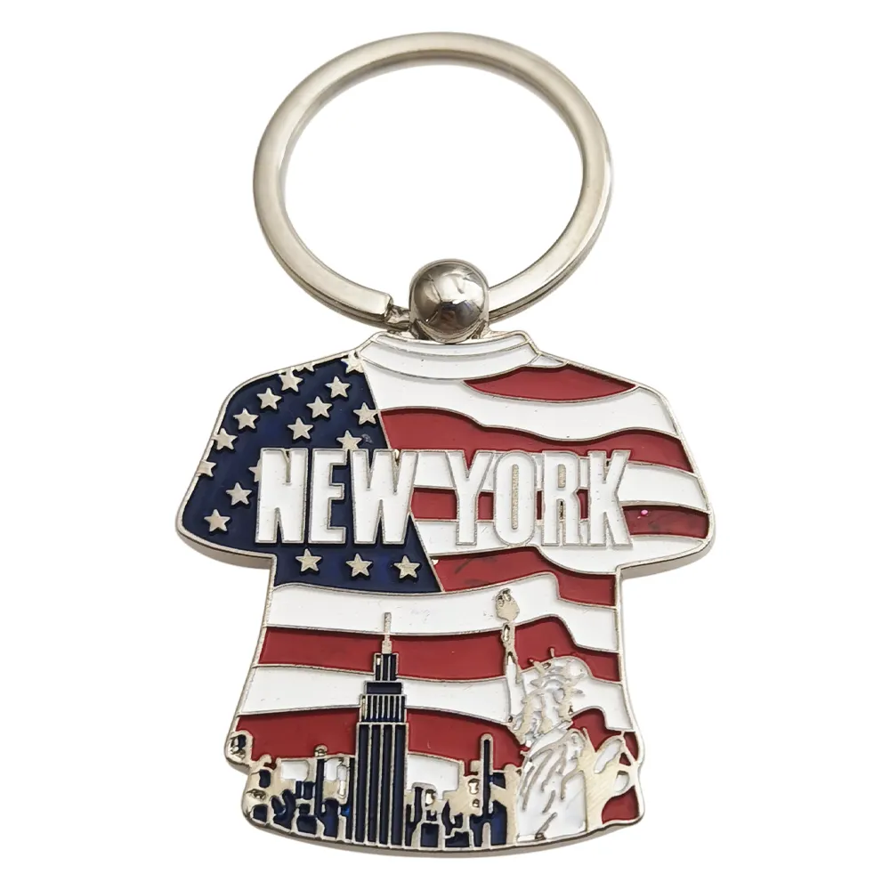 Gegraveerd Vrijheidsbeeld Usa Vlag Kleuren Sleutelhanger T-Shirt Vorm Aangepaste Letters New York City Building Souvenir Sleutelhangers