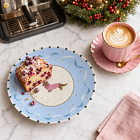 Nouvelle Assiette à Dessert de Noël en Porcelaine Blanche avec Décalque Personnalisé Teckel Bleu, Design 2026, pour Vente au Détail, Cadeaux, Cafés et Vaisselle de Fêtes