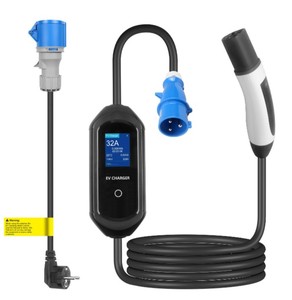 Chargeur portable Tesla pour véhicules électriques 32A 7KW avec connecteur mobile, écran LCD de 2,8 pouces, minuterie 12H, courant réglable 6-32A, prise CEE Schuko - Product Image 1