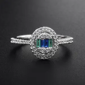 Preço razoável joia 18k ouro 925 prata alta qualidade verde azul zircão anel cor baguete diamante para senhoras noivado