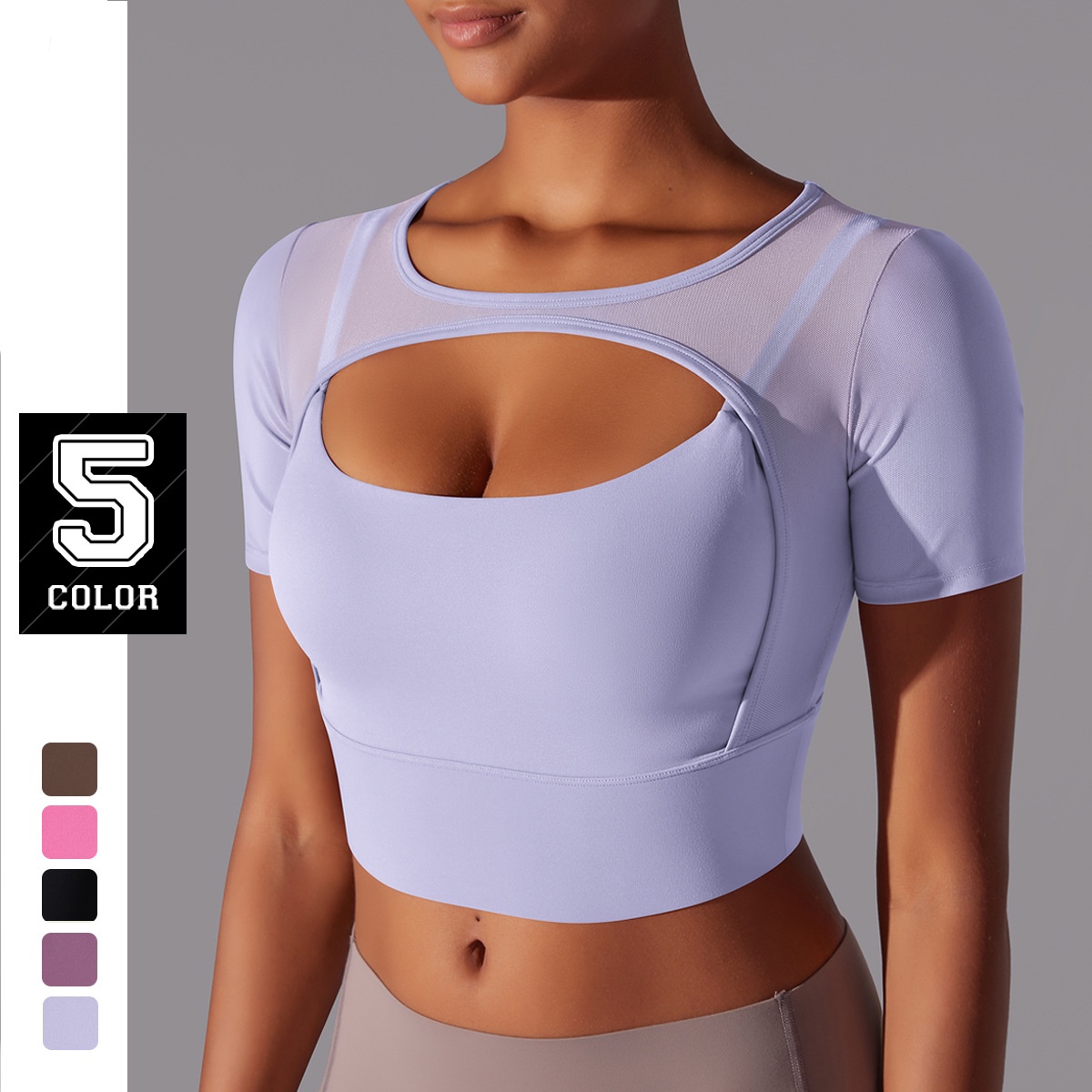 Women's Double-Layer Sports Bra with Sexy Mesh & Solid-Color Patchwork Short-Sleeved & Breathable for Running Fitness & Yoga