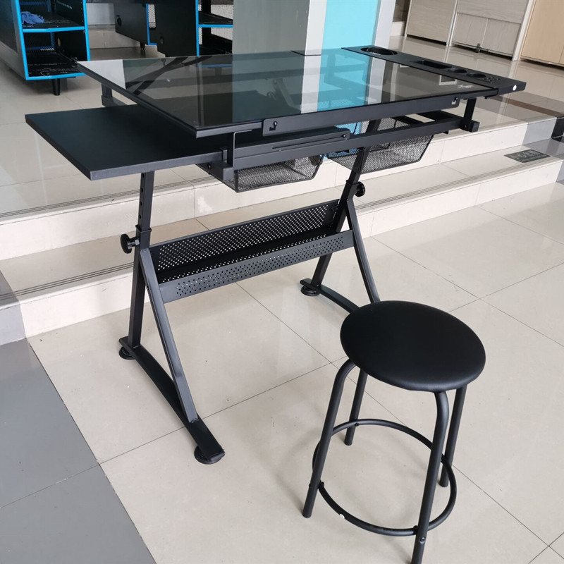 Home Office Drawing Desk Station Tempered Glass Adjustable Drafting Table