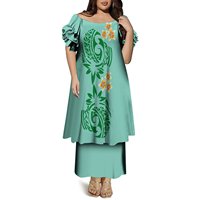 Nouvelle robe longue verte à imprimé samoan, sur mesure, grande taille, pour femmes, épaules dénudées, manches courtes, robe polynésienne Puletasi, ensemble deux pièces