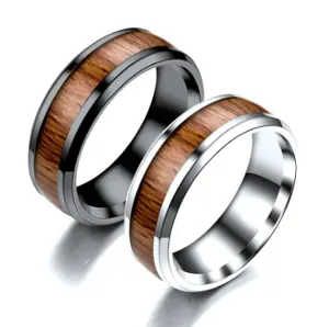 2023 Fashion Bague Homme Rhodium Plated Wholesale Titanium Stainless Steel Wooden Round Rings for Men