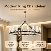 Grand lustre en forme de roue de chariot, 20 lumières, structure en métal noir, abat-jour en verre cylindrique transparent, luminaire suspendu rond de style moderne farmhouse