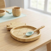 Lot de 5 pièces de vaisselle en bois pour enfants : assiette à ventouse, bol, cuillère et fourchette pour bébé, vaisselle en bambou, bavoir et ensembles de vaisselle pour l'alimentation