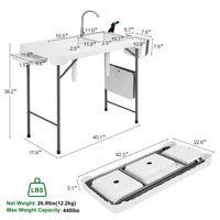 Table pliante moderne en plastique blanc avec évier de nettoyage de poisson pour l'ameublement extérieur et l'utilisation en cour