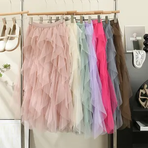 Woman's Tutu Mesh Skirt Casual Simple Ruffles Patchwork Korean Pure Color Pink Fairy Tiered Cake Skirts for Women Cute Clothes