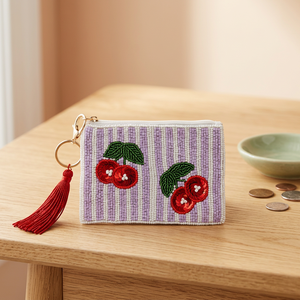 Jaunty Cherry Bead Embroidery Customized Pouch Striped Zipper Coin Wallet <b>Tassel</b> <b>Key</b> Chain Daily Use Fashion Accessory Family - Product Image 2
