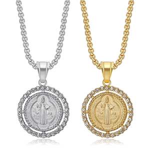 Accessoires en acier inoxydable hypoallergéniques Hip Hop brillant Zircon or argent prêtre collier pendentif exorciste de <span class=keywords><strong>Saint</strong></span> Benoît - Product Image 1