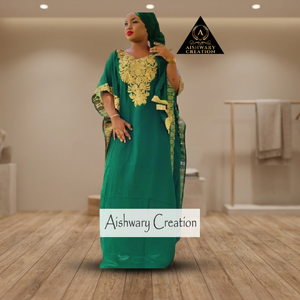 Aishwary Creation Green Chiffon Maxi <b>Dress</b> With <b>Gold</b> Embroidery Loose Fit Jewel Neck Three Quarter Sleeve <b>Party</b> Wear - Product Image 3