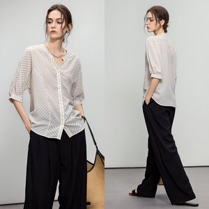 Demana <b>Smart</b> Style Striped Shirt Women V Neck Rag Sleeve Top Summer Elegant Patchwork <b>Blouse</b> - Product Image 3
