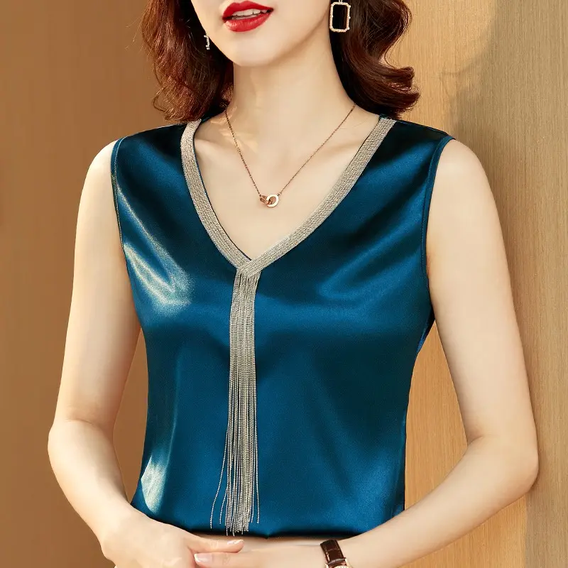 Summer Fashion Sleeveless Satin Blouse Woman V Neck Solid Elegant Diamond Shirt Loose Casual Silk Top Blusas 3059#