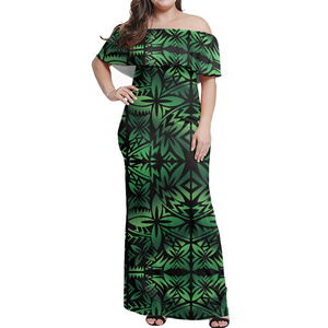 Venta al por mayor marrón fuera del hombro vestido con volantes Tapa diseño de flores Midi vestidos de mujer Polynesian Tribal Bodycon vestido - Product Image 6