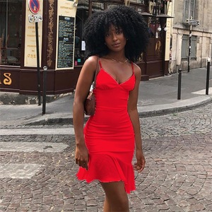 Robe Courte d'Été <span class=keywords><strong>2024</strong></span> pour Femmes, Style Européen et Américain, Couleur Unie, Décolleté en V, Bretelles Fines, Dos Nu et Volants Sexy - Product Image 3