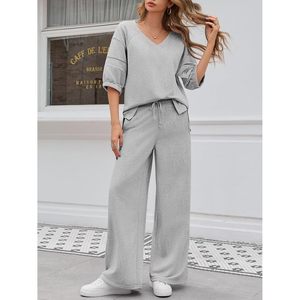 Fisoew Womens 2 Piece <b>Tracksuit</b> Set V Neck Top Wide Leg Pants Loose Casual Workout Outfit Adult Size - Product Image 2