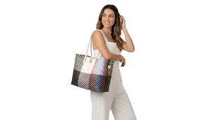 Black White Patchwork Woven <b>Tote</b> Bag Eco Friendly <b>Plastic</b> Strapping Basket Waterproof Beach Travel Shoulder Handbag Waterproof - Product Image 5