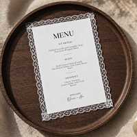 Menu en dentelle détaillé et romantique pour mariage en plein air, restaurant, anniversaire, célébration, banquet, réception, menu décoratif en papier