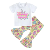 Conjuntos de Boutique para Niñas de Pascua, Ropa Infantil al por Mayor, Conjunto de 2 Piezas para Niños Pequeños, Estampado de Conejo, Patrón de Huevo, Pantalones Acampanados de Verano, Dulces
