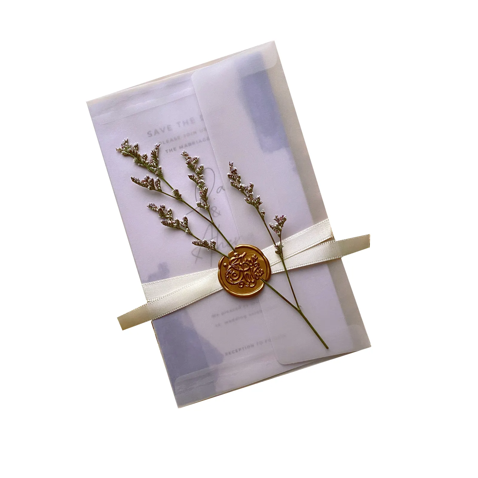 Custom Invitations with Vellum Wrap and Ribbon Wedding Invitation Cards Wax Seal and Dry Flower Decoration Party Favors