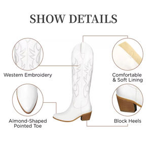 Yeni moda kadınlar batı işlemeli uzun sivri burun tıknaz topuk çekme diz yüksek kovboy çizmeler Cowgirl için - Product Image 3