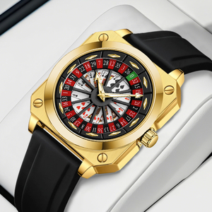 Montre pour homme de qualité supérieure, design unique avec cadran de roulette de casino, style jeu de cartes, montre-bracelet à quartz, bracelet en silicone doré - Product Image 1