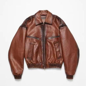 جاكيت بومبر جلدي قصير طيار قصير مرقع من الجلد الجديد للرجال - Product Image 1
