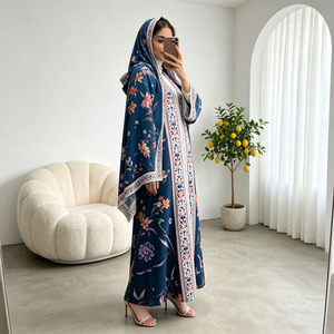 Floral Print Abaya <b>Set</b> for Women Deep Chiffon Open Front Hooded Muslim Dress with Hijab Ramadan Eid <b>Modest</b> Wear Kaftan - Product Image 1