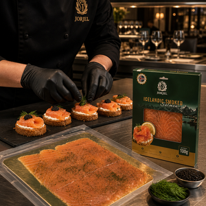 Fette di Salmone Affumicato a Freddo di Grado E, 100% Disossato e Senza Pelle, su Cartoncino Dorato per Chef Professionisti - Product Image 6