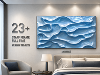 Glänzende Blaue Flüssige Seiden-Wellen 3D-Struktur Wandkunst mit Silberrahmen für Hotel-Aufzug-Lobby-Korridor, Maßgefertigte Großproduktion OEM