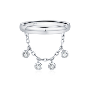 S925 Silver <b>Ring</b> With Round <b>Crystal</b> Drops Chain Minimalist Design Unisex Everyday Wear Sparkling Dangling Chain Promise <b>Ring</b> - Product Image 1