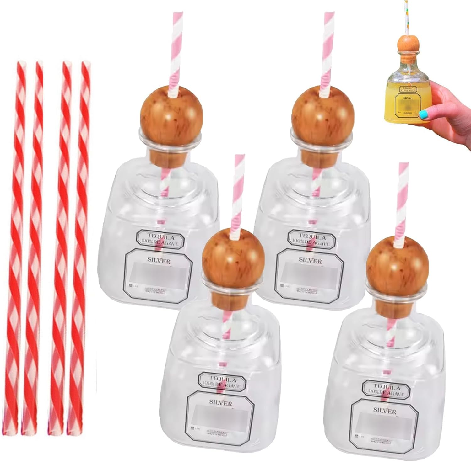 Wholesale 375ml Reusable Plastic Cups with Cork Bottle Drinking Tequila Plastic Bottles With Straw