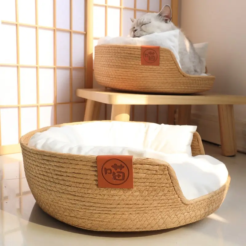 Japanse Stijl Rotan Huisdier Bed Ademend Cooling Bedden Nieuw Leven Dierbenodigdheden Linnen Cover Pet Ronde Bed