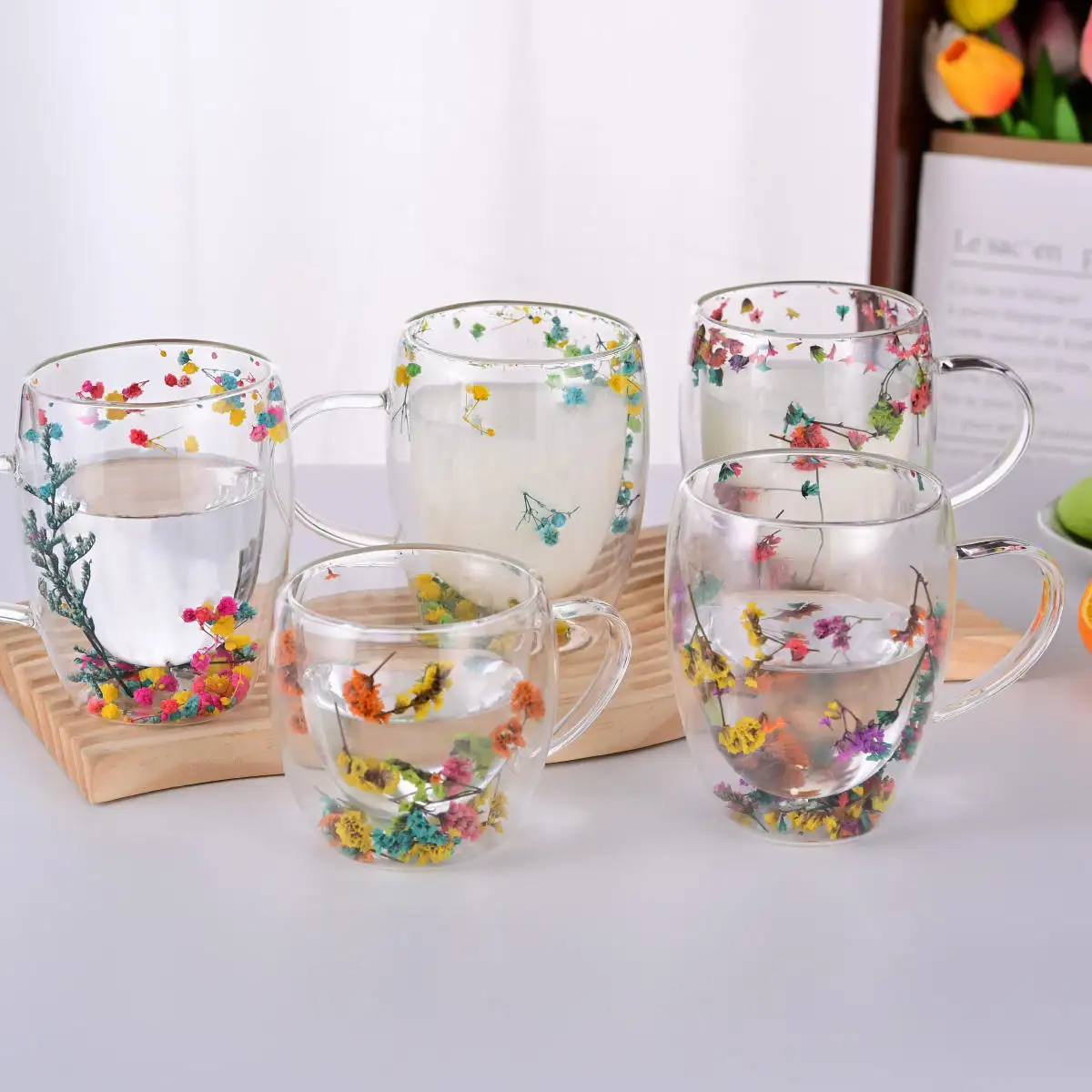 Taza de vidrio de borosilicato alto para regalo de Navidad estilo Ins, tazas de vidrio de flores secas