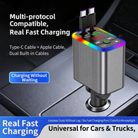 Cargador de Coche de Carga Rápida de 100W de Aleación de Aluminio con Cable Tipo-C Retráctil y Puertos USB, Luz Estrellada para Reloj Inteligente y Teléfono