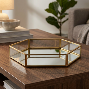 Modern Geometric Glass Storage <b>Tray</b> With Gold Frame For Living Room Decor - Product Image 1