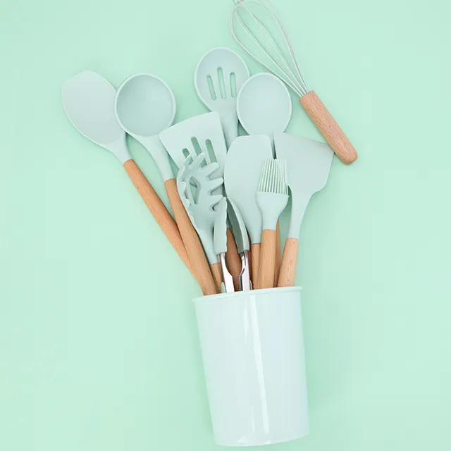 Ustensiles de cuisine en Silicone, ustensiles sans BPA, de qualité alimentaire, accessoires de cuisine en bois, ensemble avec spatule tournante à cuillère, 11 pièces