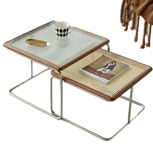 Ensemble complet de meubles de salon au design minimaliste moderne, 2 tables basses à double plateau en verre avec structure en acier, faciles à nettoyer - Product Image 1
