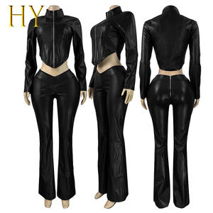 Nuovo Arrivo: Completo Donna in Ecopelle, Giacca con Zip e Pantaloni a Zampa a V, <span class=keywords><strong>Set</strong></span> Due Pezzi Casual - Product Image 4