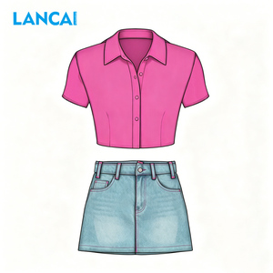 Ensemble 2 pièces pour femmes LANCAI, chemise courte à manches courtes boutonnée + jupe mini en jean taille haute, ensemble décontracté pour l'été, streetwear - Product Image 1